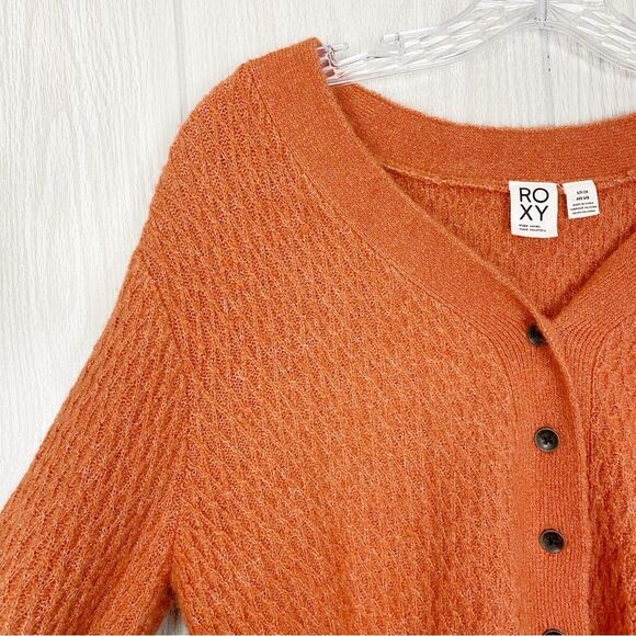 Roxy | Burnt Orange Metallic Button Front Cropped Knit Cardigan Size Small - Picture 5 of 12